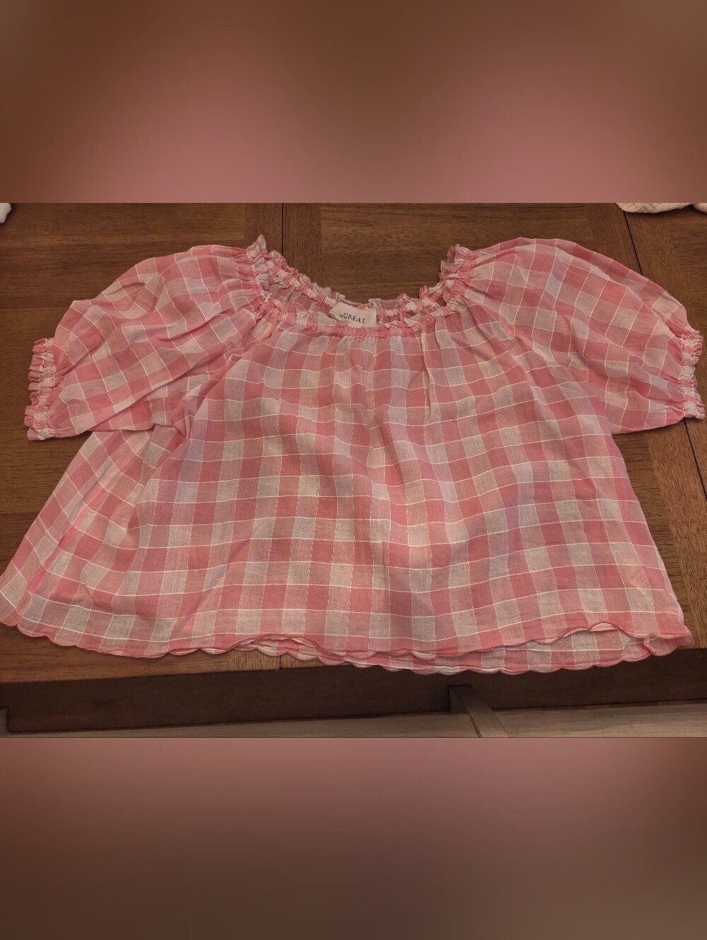 THE GREAT. The Garland Puff Sleeve Top in Pink/Cream Gingham / Size 2